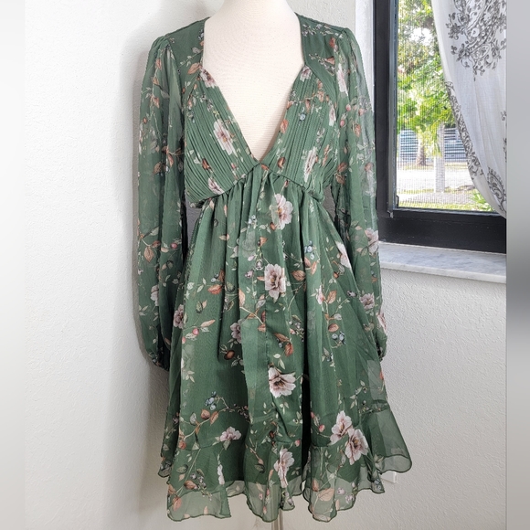 LULUS Endless Charisma Green Floral Chiffon Long Sleeve Mini Dress NWT L. - Picture 4 of 11